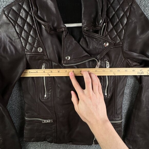 Allsaints Leather Jacket Brown Women Size 4 Zip Pockets Grunge Catch Biker - Picture 4 of 16